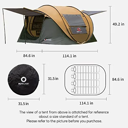Roticamp Mobidic Camping Pop Up Tent 4-Person, Automatic Setup