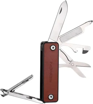 ROXON M4 10 in 1 Mini MultiTool Leather Handle Portable Nail Clipper, Utility Tool, Knife With Safety Lock, Scissors, File, Bottle Opener, Screwdriver, Personal Care Gadgets A Gift for All