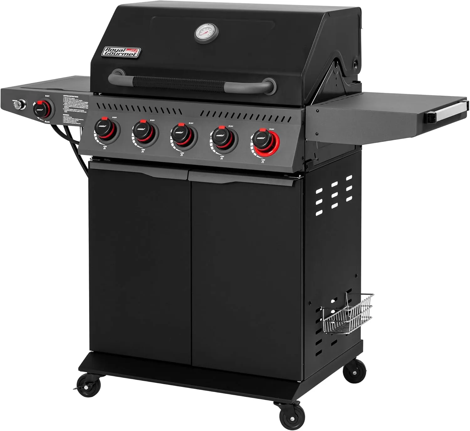 Royal Gourmet GA5407H 5 Burner Propane Gas Grill with Foldable Right-Side Table & Warming Rack, Outdoor BBQ Grill with Side Burner for Garden Grilling & Backyard Cooking, Black