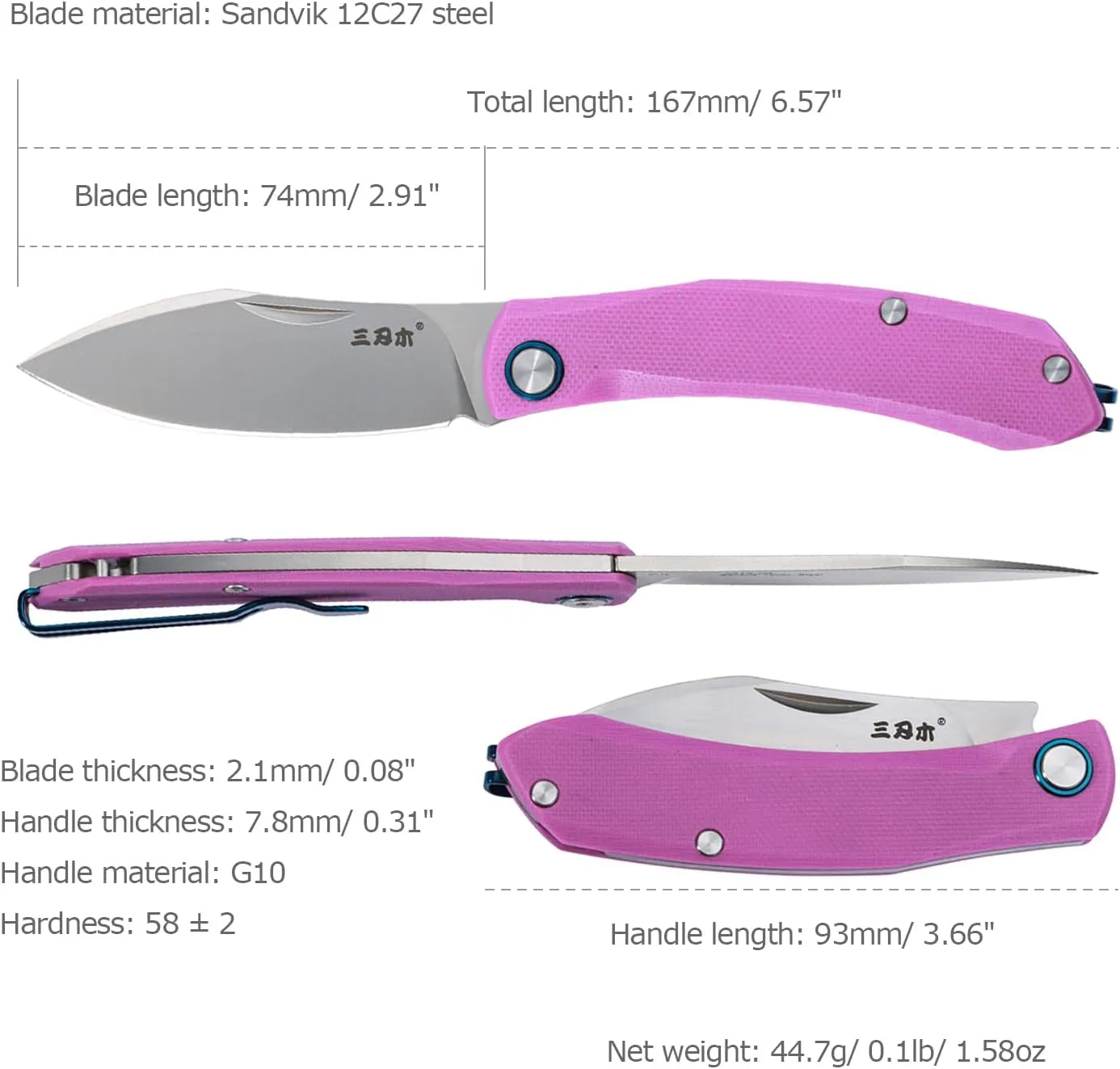 Sanrenmu Pocket Folding Knife with Clip 6.57" Opened Foldable 2.91" 12C27 Steel Blade Utility Knife G10 Handle for Outdoor Camping 7315 (Pink)