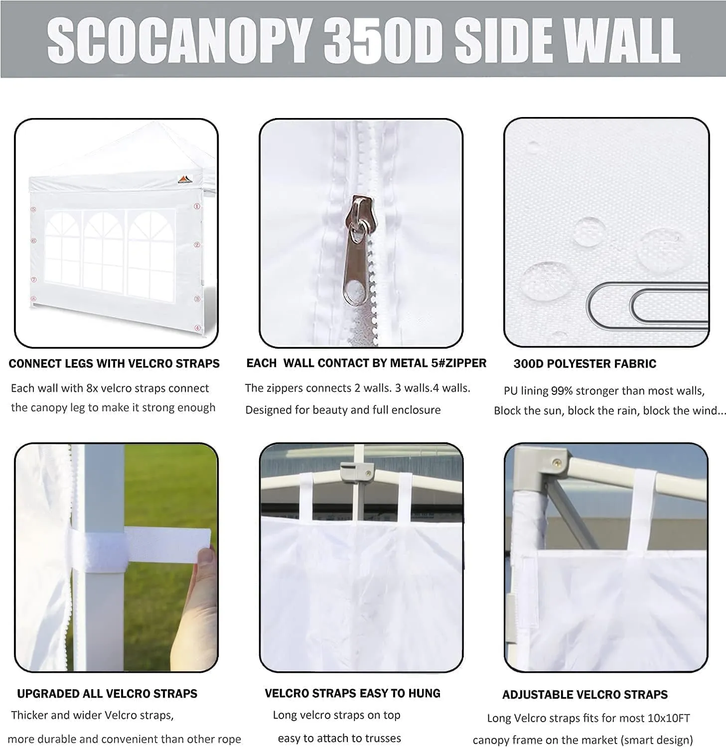 SCOCANOPY SideWall with Window for 10x10 Canopy Frame, 2 Pcs Sunwalls Only,White