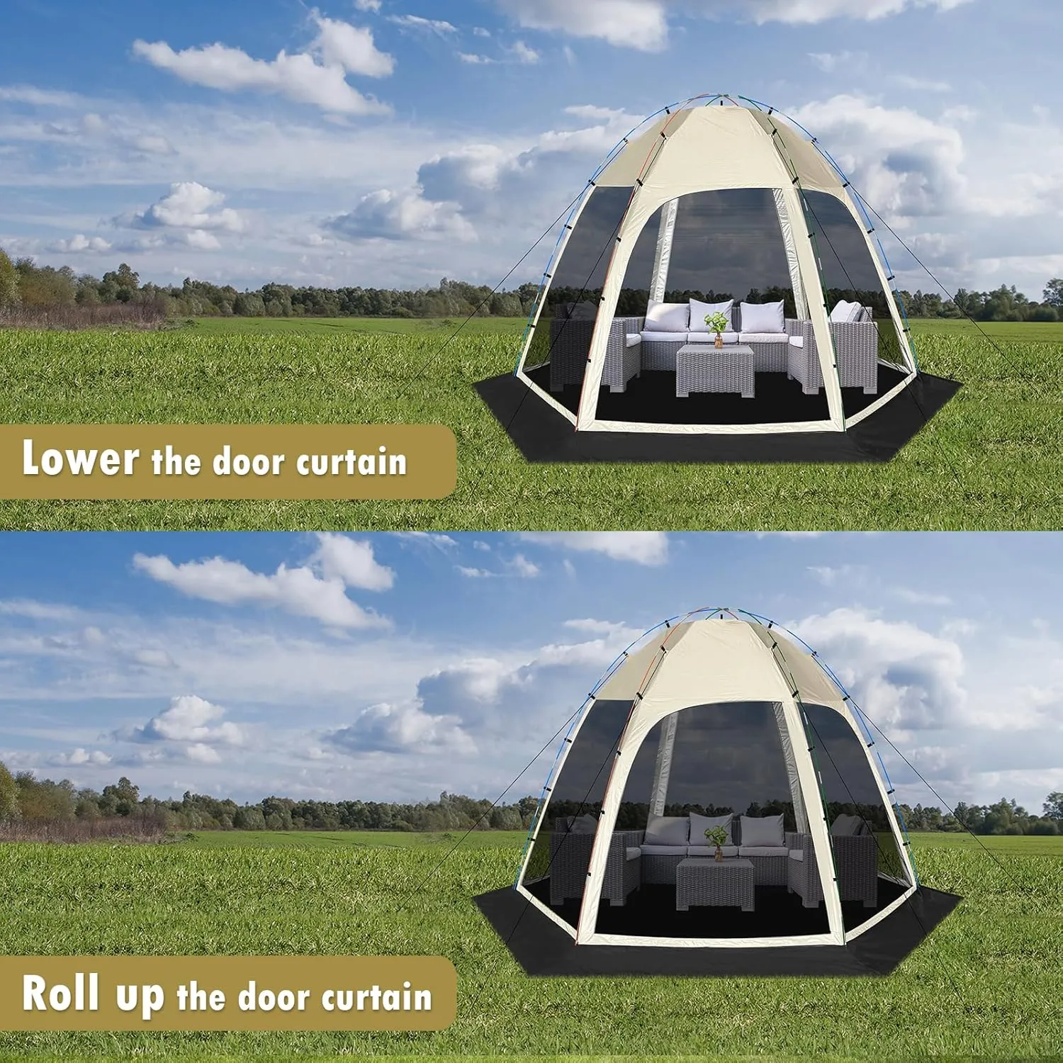 Screen Tent with Removable Floor, Siebwin 10'x10' Six-Sided Gazebos with Mosquito Netting Sunproof Outdoor Canopy Tent for 4-6 People Family Backyard Party Outside Activities