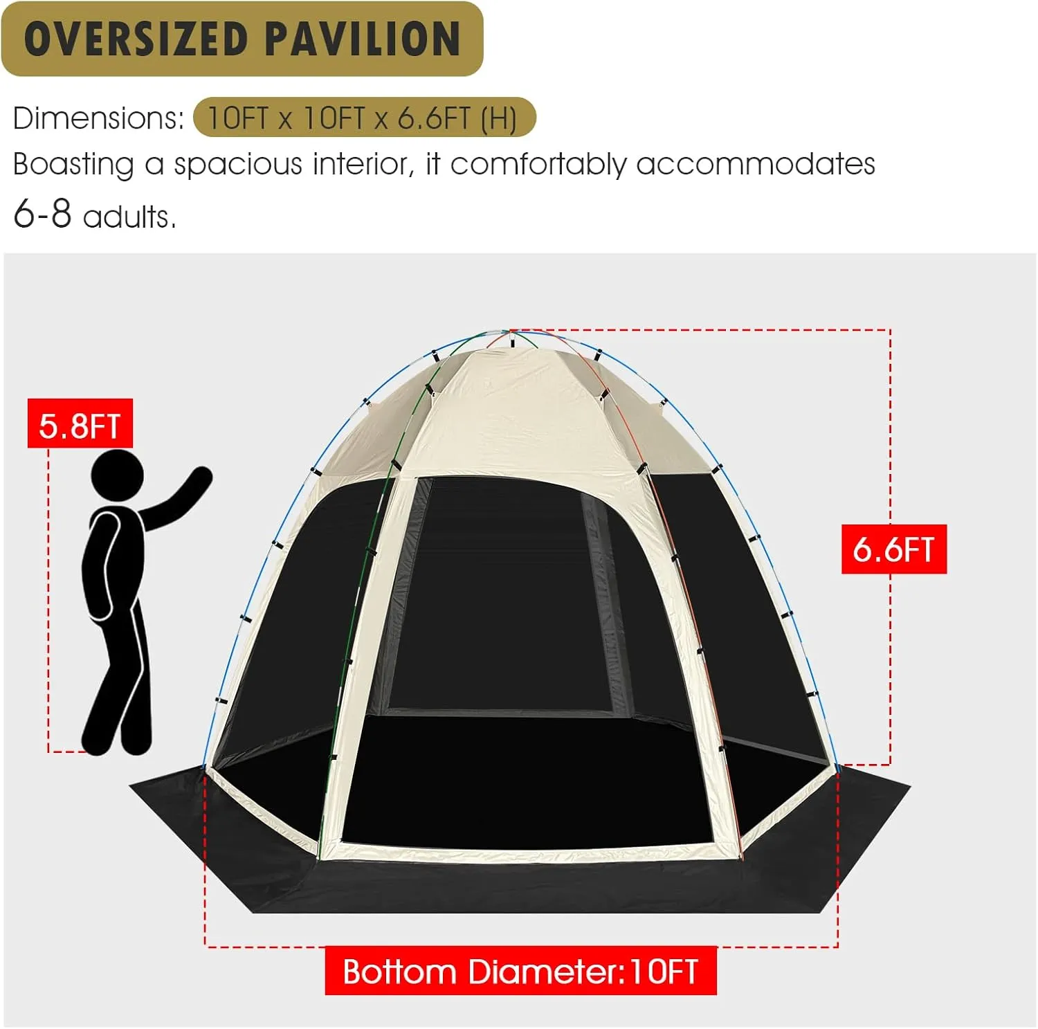 Screen Tent with Removable Floor, Siebwin 10'x10' Six-Sided Gazebos with Mosquito Netting Sunproof Outdoor Canopy Tent for 4-6 People Family Backyard Party Outside Activities