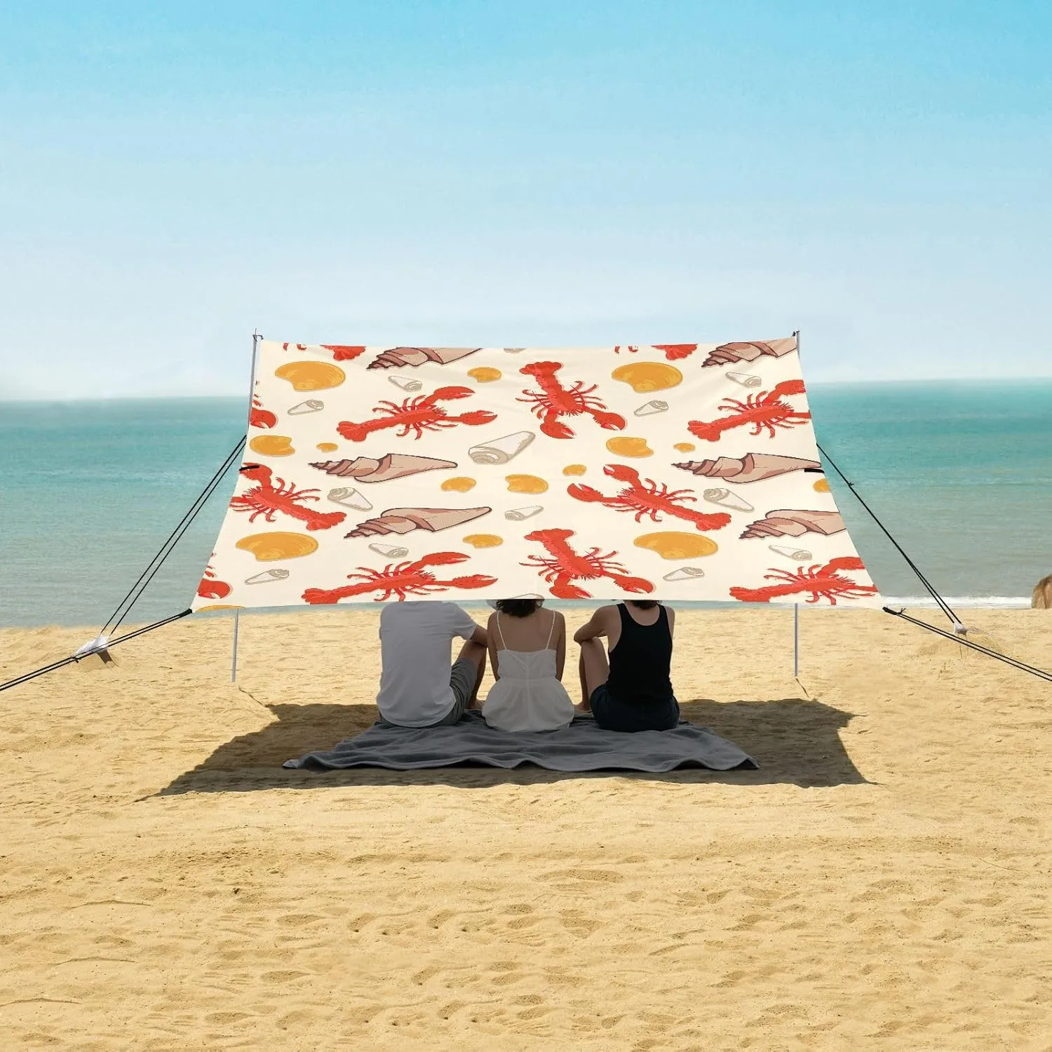 Sea Crayfish Conch Beach Canopy Tent Anti-UV & Wind Resistant, Cartoon Camping Sun Shelter Easy Setup Portable,Outdoor Shade Tents with Sandbags,Sand Shovels,Ground Pegs & Stability Poles