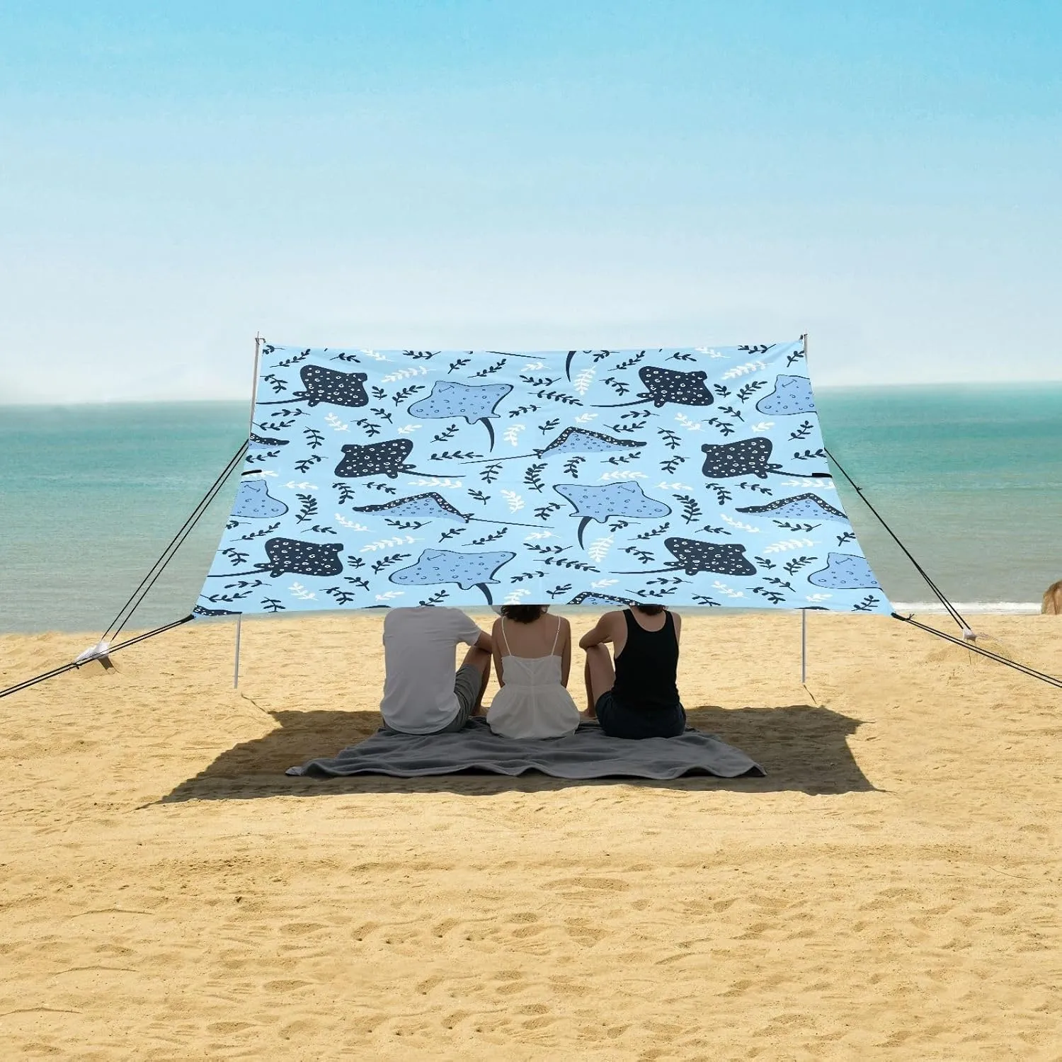 Sea Ray Fish Manta Ray Beach Canopy Tent Anti-UV & Wind Resistant, Camping Sun Shelter Easy Setup Portable,Outdoor Shade Tents with Sandbags,Sand Shovels,Ground Pegs & Stability Poles