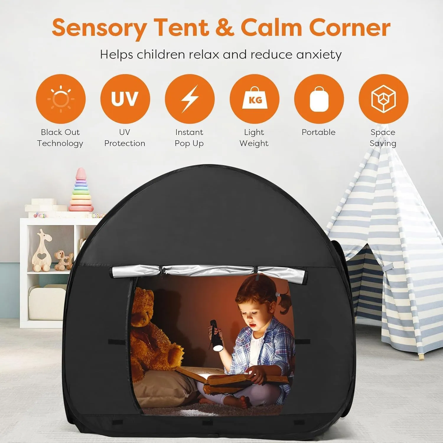 Sensory Tent for Kids with Autism,90 * 90 * 90cm Blackout Sensory Room Pop-up Play Tent,Calm Corner for Children to Play and Relax,Helps with Autism, SPD,Anxiety & Improve Focus