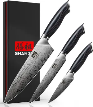 SHAN ZU 3PCS Kitchen Knife Set,Chef Knife Sets in Powder Steel, Ultra Sharp Japanese Knives Set High Carbon Steel Knives Sets, Cooking Knives Set with Ergonomic Pakkawood Handle