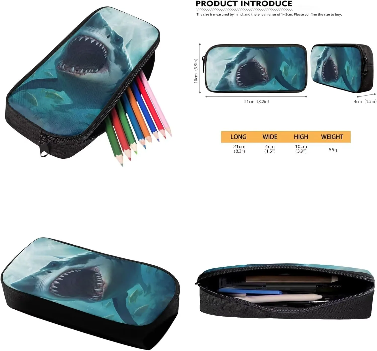 Shark Backpack for Boys Kids Backpack with Lunch Box and Big Pencil Case 3Pcs Set 15" Large Capacity Bookbag with Front Pocket for School Lightweight Kindergarten School Bag