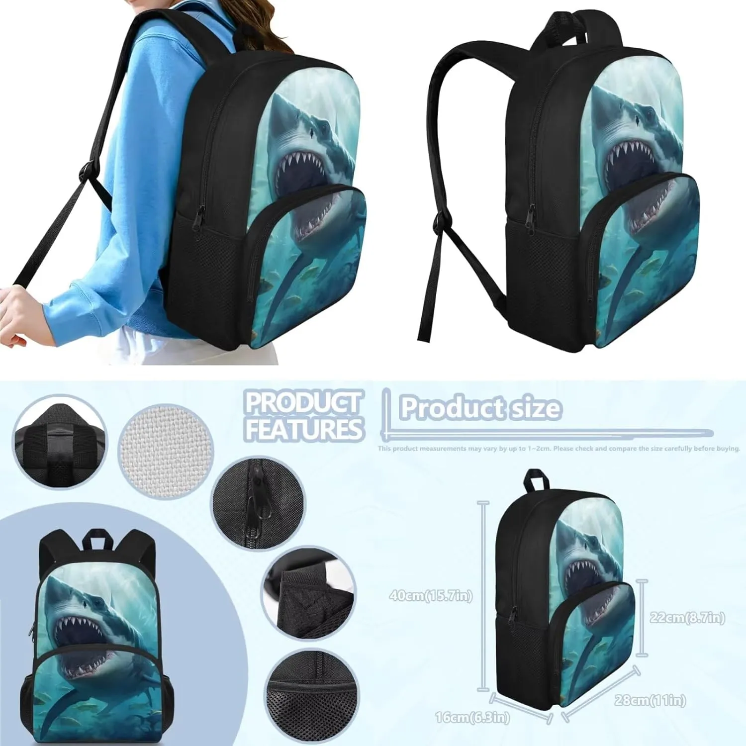 Shark Backpack for Boys Kids Backpack with Lunch Box and Big Pencil Case 3Pcs Set 15" Large Capacity Bookbag with Front Pocket for School Lightweight Kindergarten School Bag