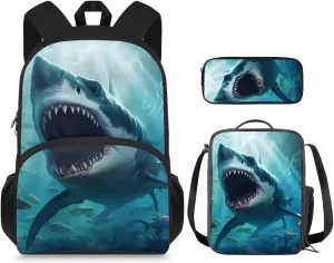 Shark Backpack for Boys Kids Backpack with Lunch Box and Big Pencil Case 3Pcs Set 15" Large Capacity Bookbag with Front Pocket for School Lightweight Kindergarten School Bag