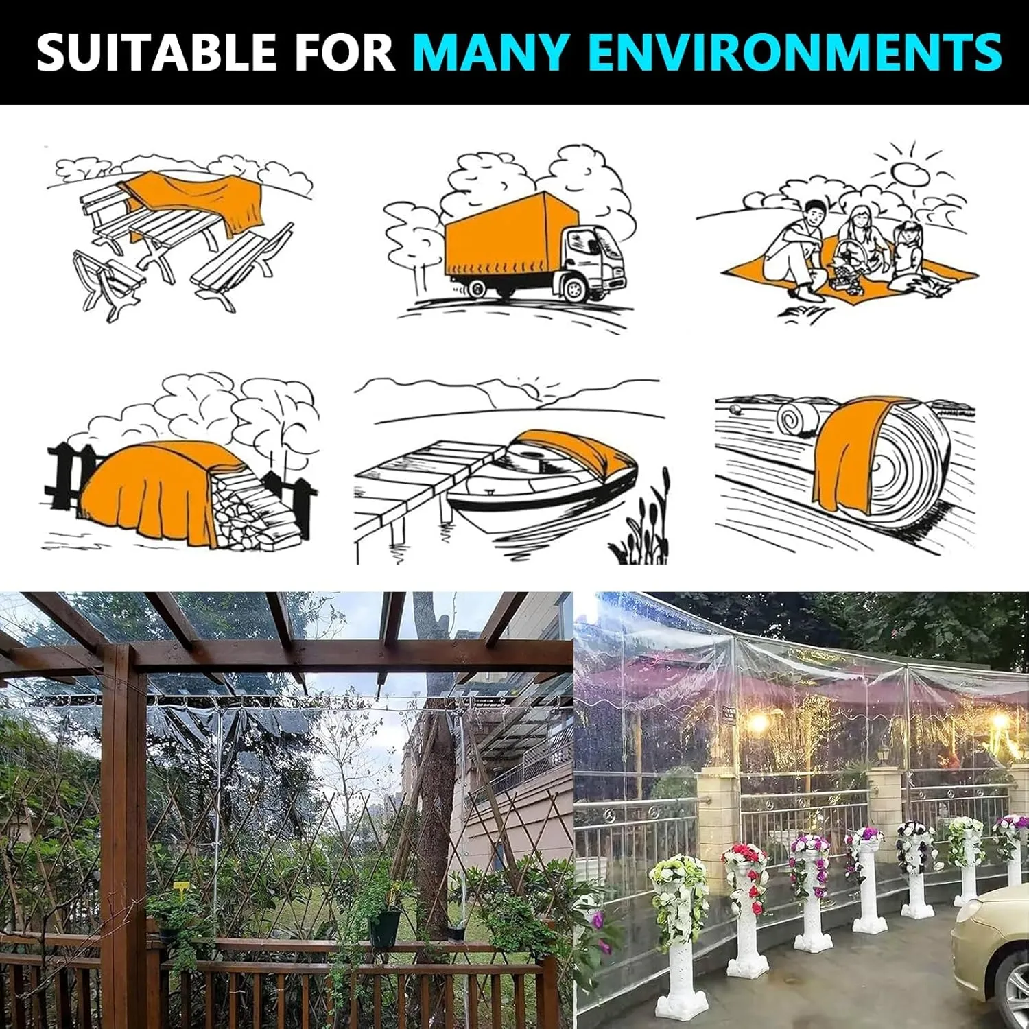 Small Multipurpose Cover, Heavy Duty Clear Tarps Sheet Cover Plastic Sheeting with Eyelets，PVC Transparent Sheet for Outdoor Use(2.4x3m)
