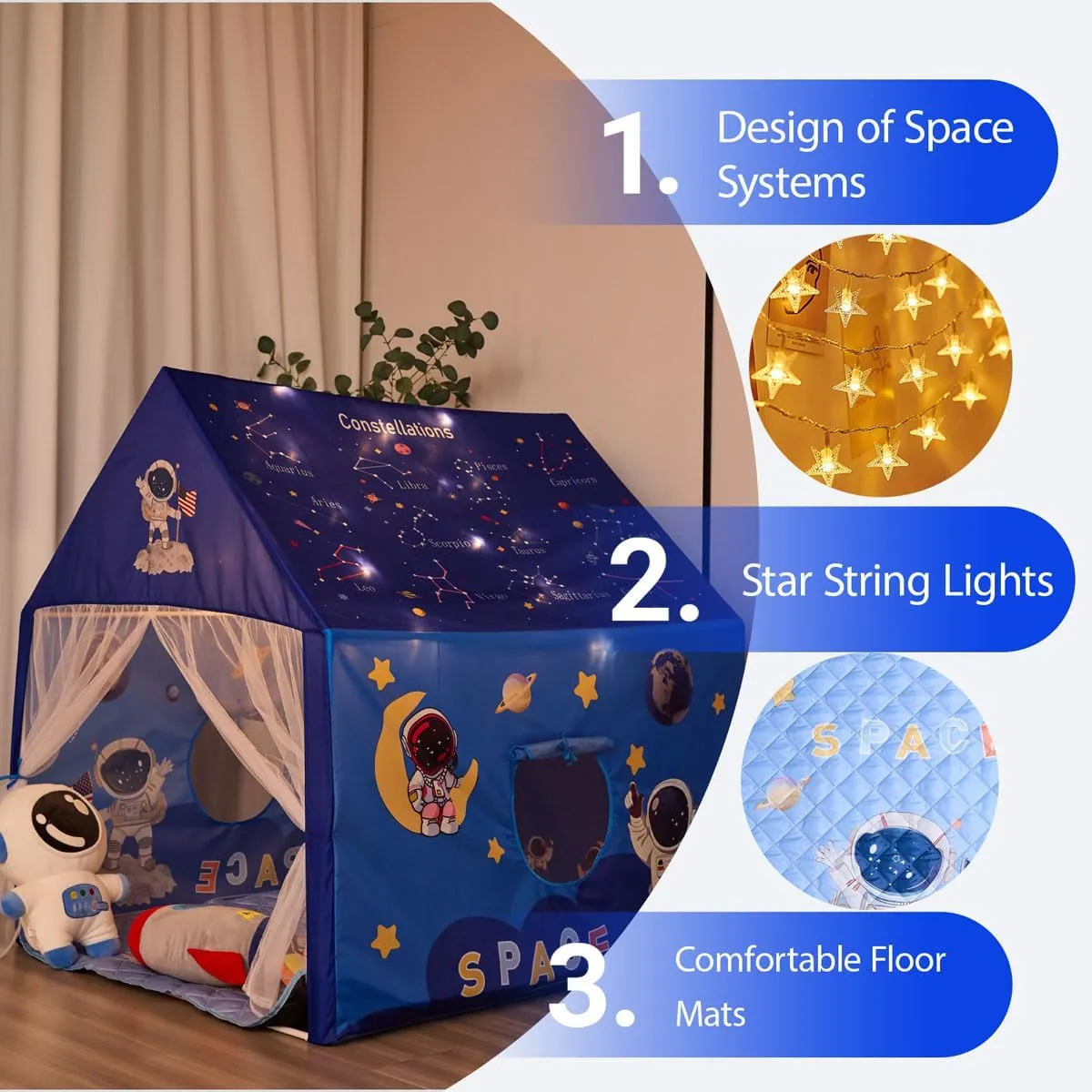 Space Rocket Ship Kids Tent with Mat, Star Lights for Boys & Girls Aged 3  Toddler for Indoor Outdoor Playhouse Tent Set Sizes 47×46.8×38.1In,Washable