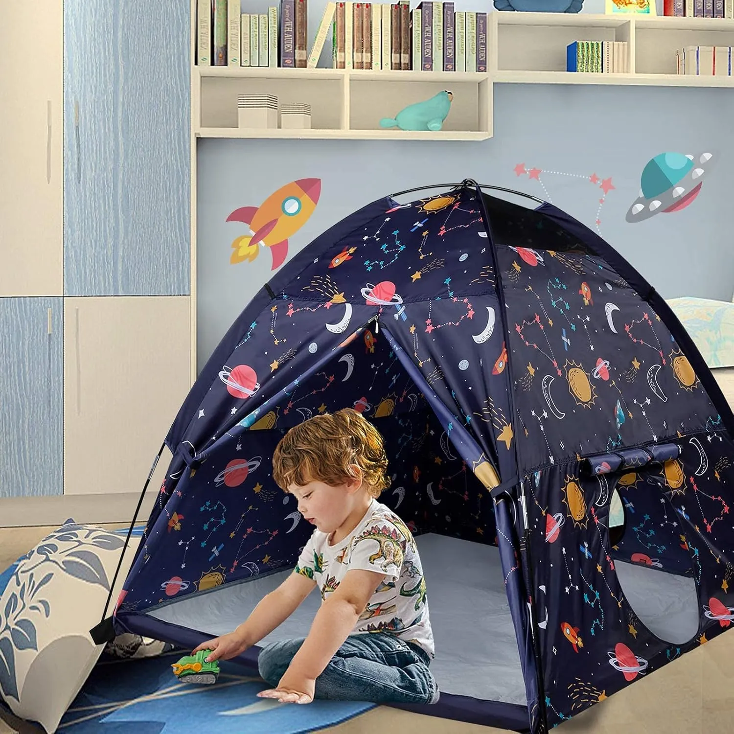 Space World Kids Play Tent-60”x60”x47” Kids Pop Up Tent Children Camping Playhouse Indoor Outdoor Play Tents for Boys Girls Large Space Kids Tents with Rainfly Perfect Kid’s Gift