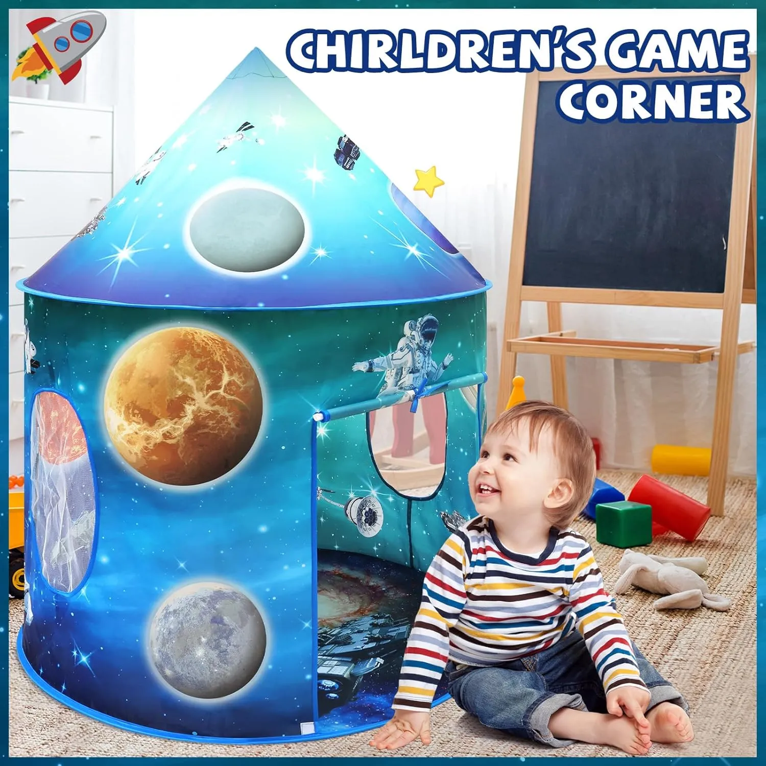 Space World Play Tent Pop Up Kids Indoor Sensory Playhouse Children Foldable Kids Tent for Boys Girls Toddler as 3 4 5 6 7 Years Gift as Birthday Christmas Toys
