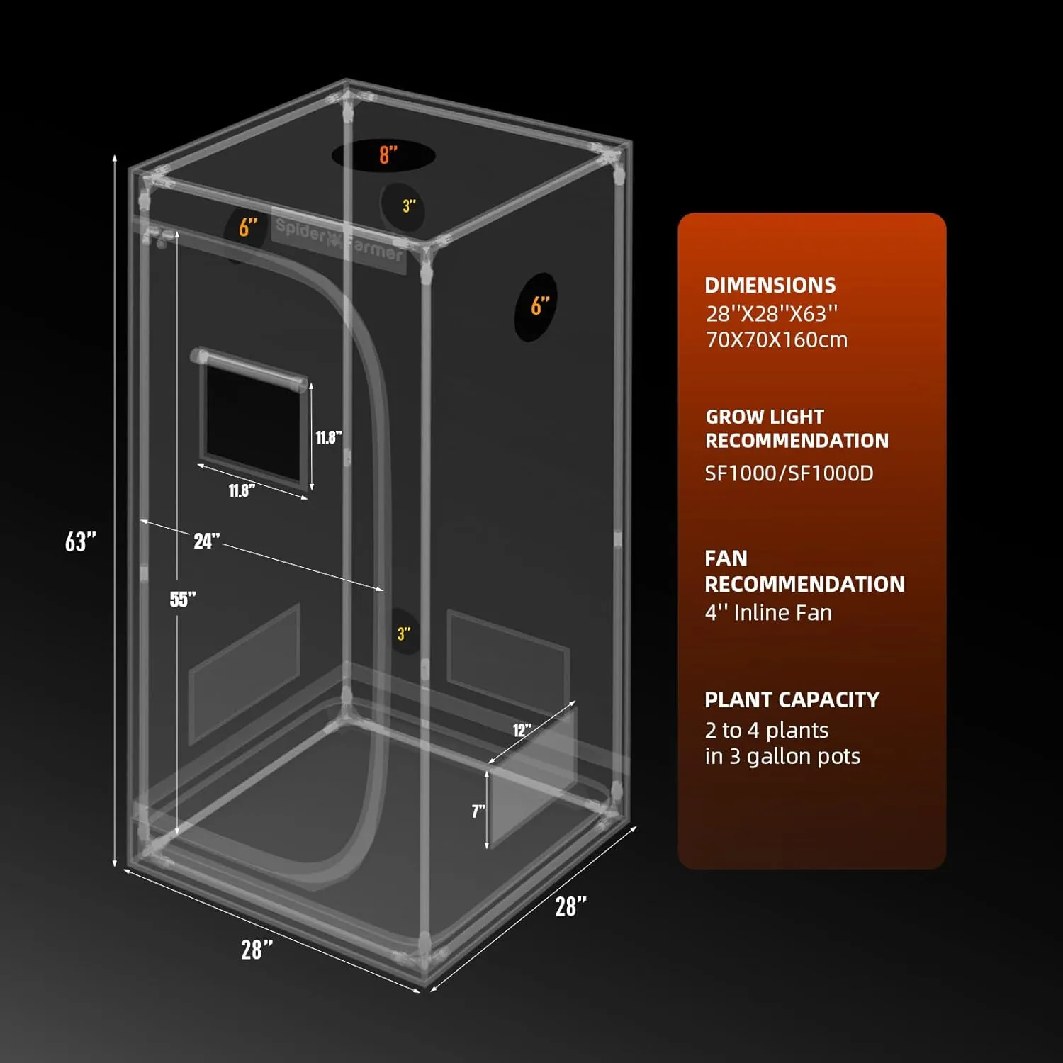 Spider Farmer 2.3x2.3x5.2 Grow Tent Pro-Grade, 28"x28"x63", with Observation Window Floor Tray, 1680D Thicken Mylar Canvas, 2x2 for Indoor Hydroponic Growing for SF1000, SE1500, G1500
