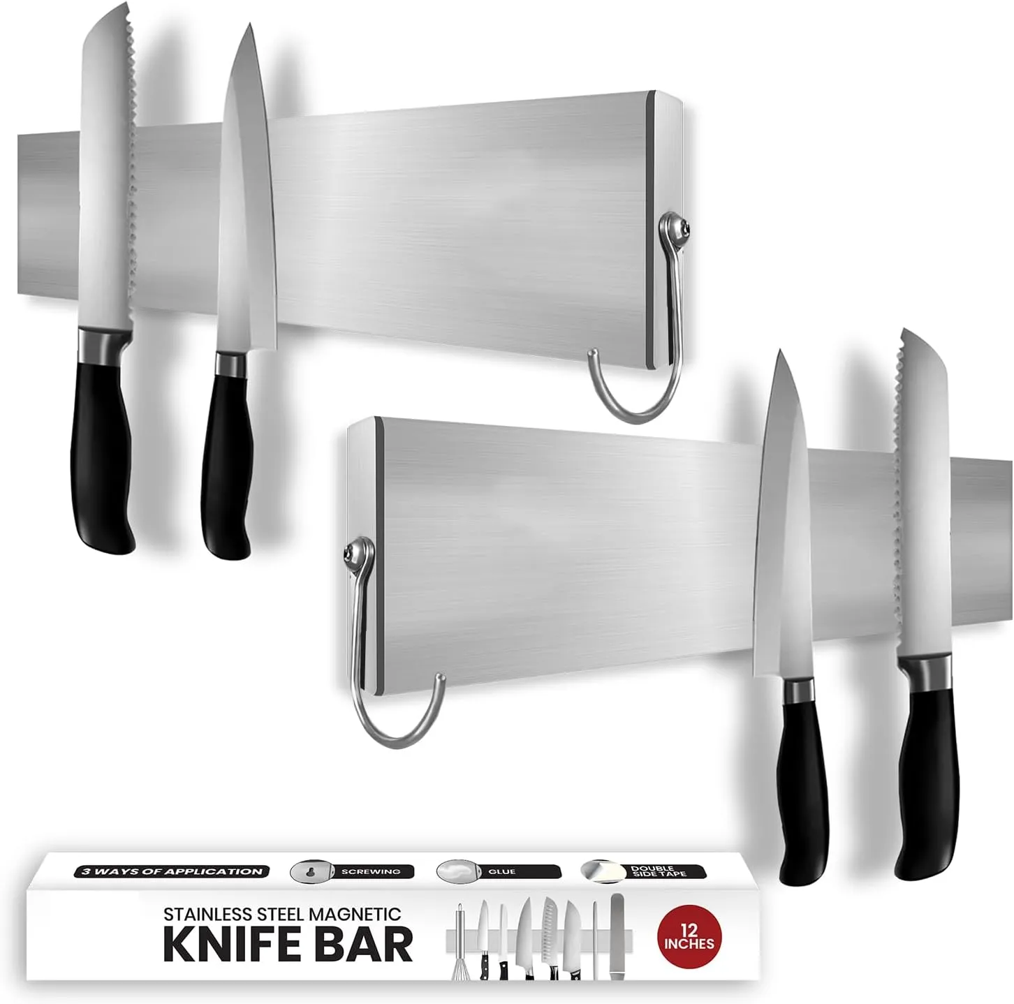 Stainless Magnetic Knife Holder for Wall Pack 2, 12 Inches, Multifunctional Knife Magnetic Strip Fridge for Organizing Kitchen Utensils, Glue, 2 Side Hooks, & Foam Adhesive Strip Included