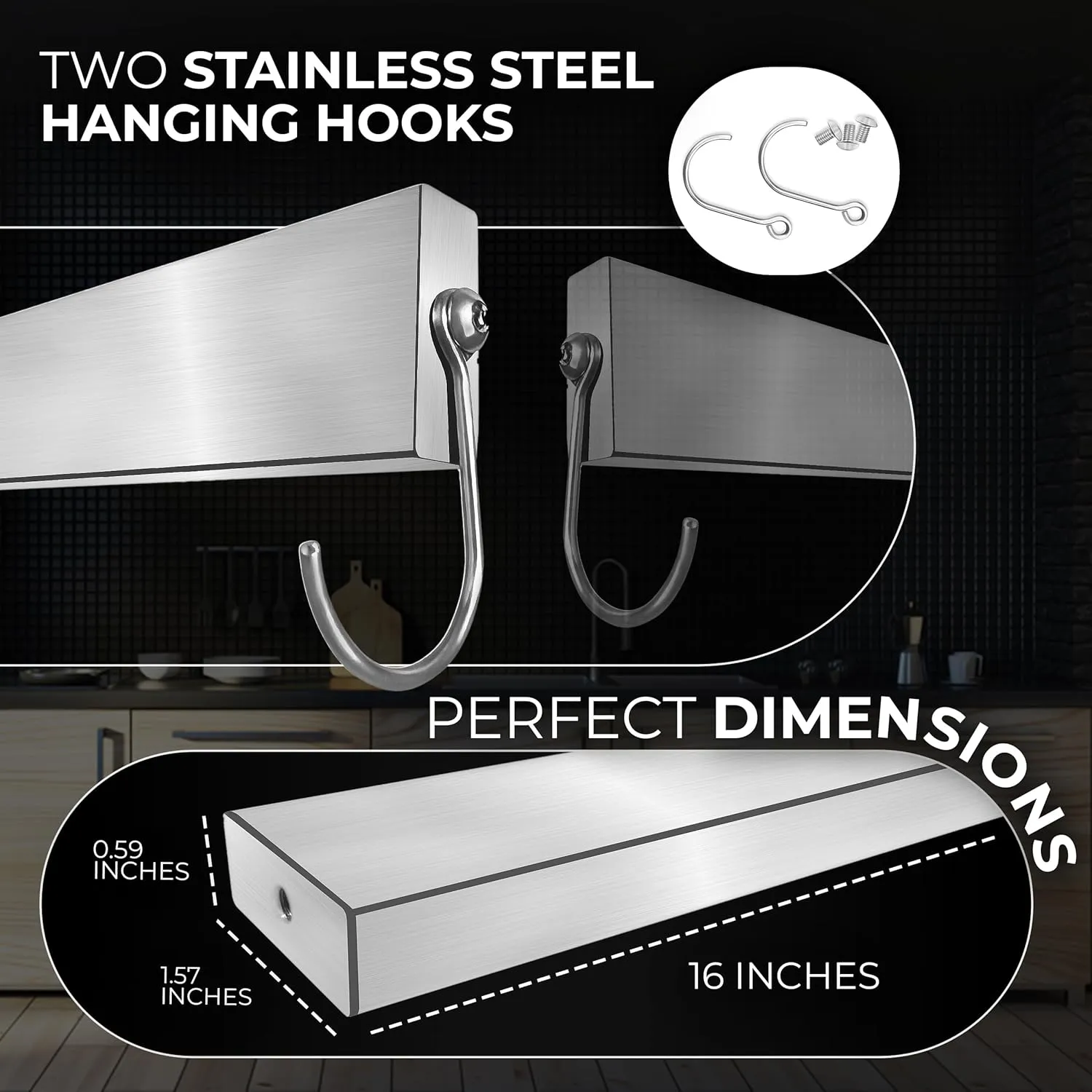 Stainless Magnetic Knife Holder for Wall Pack 2, 12 Inches, Multifunctional Knife Magnetic Strip Fridge for Organizing Kitchen Utensils, Glue, 2 Side Hooks, & Foam Adhesive Strip Included