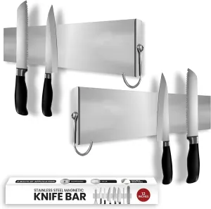 Stainless Magnetic Knife Holder for Wall Pack 2, 12 Inches, Multifunctional Knife Magnetic Strip Fridge for Organizing Kitchen Utensils, Glue, 2 Side Hooks, & Foam Adhesive Strip Included