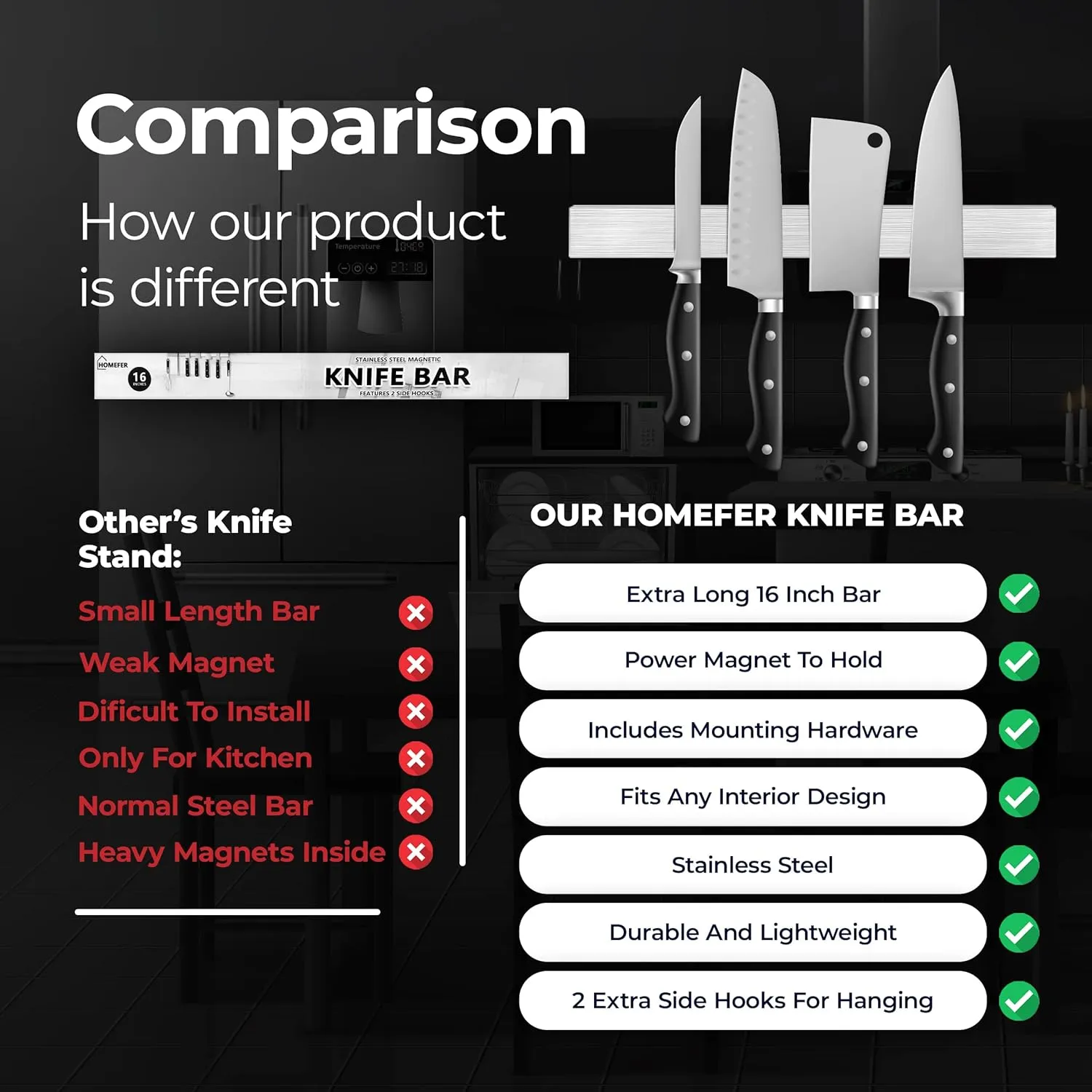 Stainless Magnetic Knife Holder for Wall Pack 2, 12 Inches, Multifunctional Knife Magnetic Strip Fridge for Organizing Kitchen Utensils, Glue, 2 Side Hooks, & Foam Adhesive Strip Included