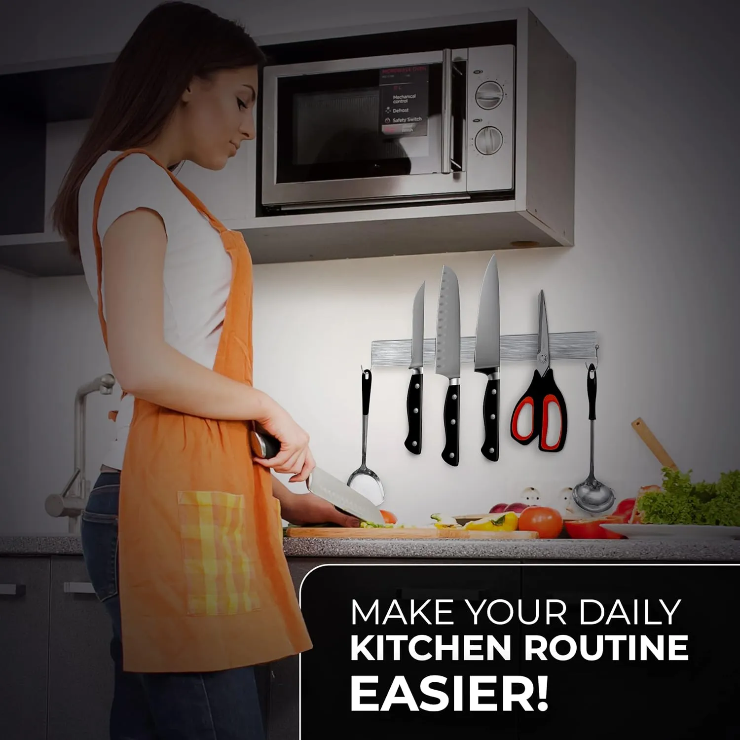 Stainless Magnetic Knife Holder for Wall Pack 2, 12 Inches, Multifunctional Knife Magnetic Strip Fridge for Organizing Kitchen Utensils, Glue, 2 Side Hooks, & Foam Adhesive Strip Included