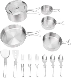 Stainless Steel Camping Cookware Set Foldable Handle Portable Cookware Lightweight Set for 3 People