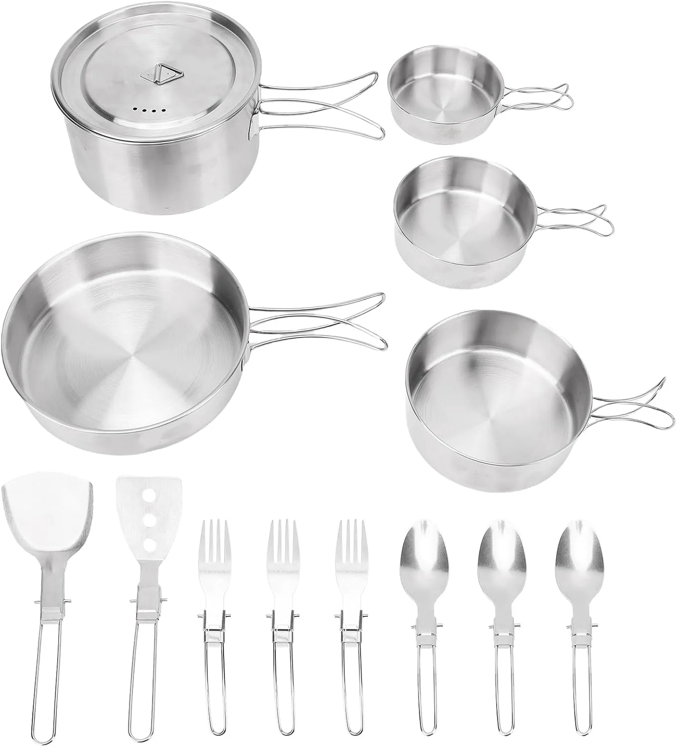 Stainless Steel Camping Cookware Set Foldable Handle Portable Cookware Lightweight Set for 3 People