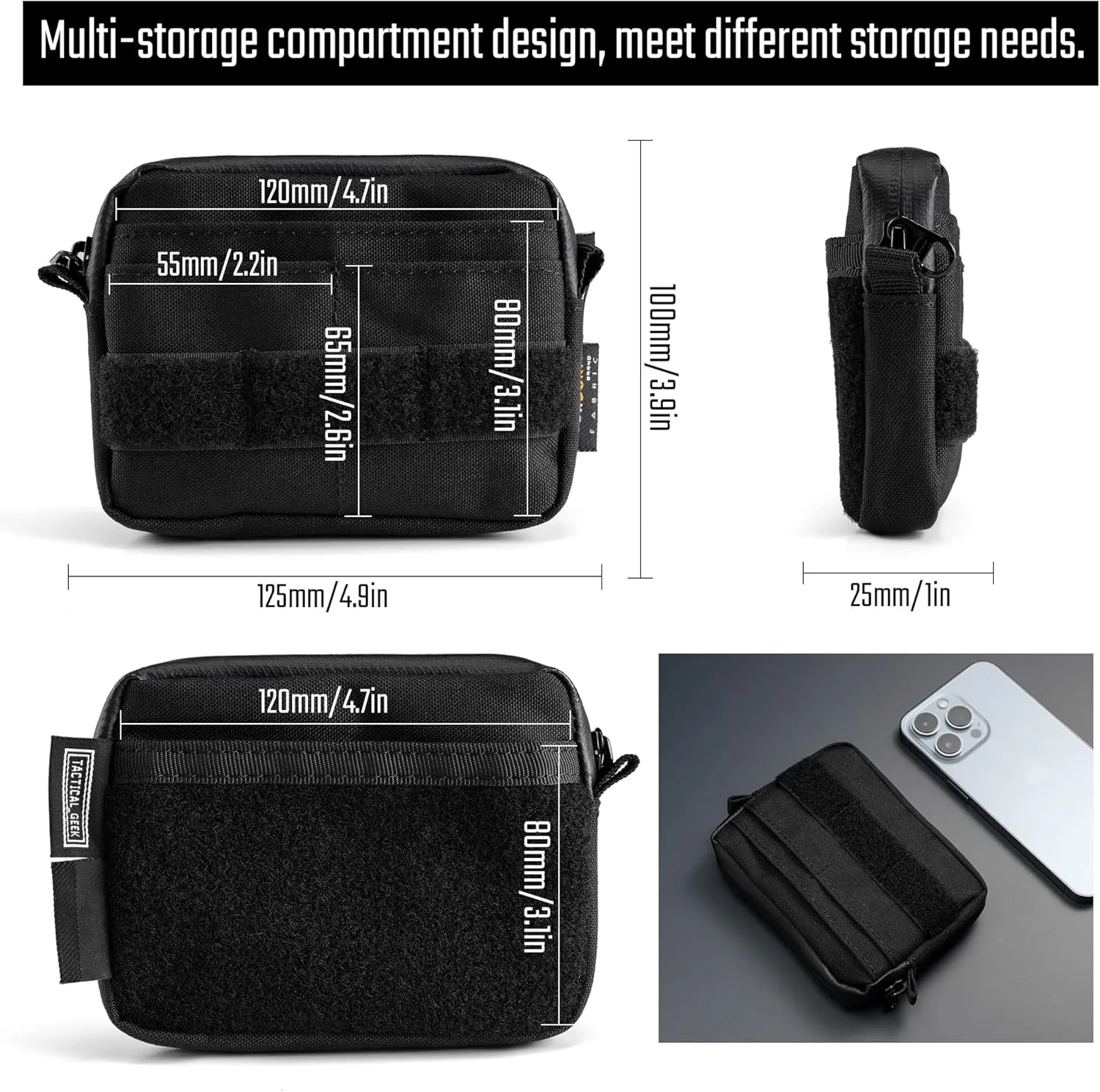 Storage A3 EDC Pouch Organizer, Nylon Multi-Functional Utility Small Tool Pocket, Multi-Purpose Molle EDC Gadget Storage Pouch, Nylon Compact Organizer for Daily Carry Black
