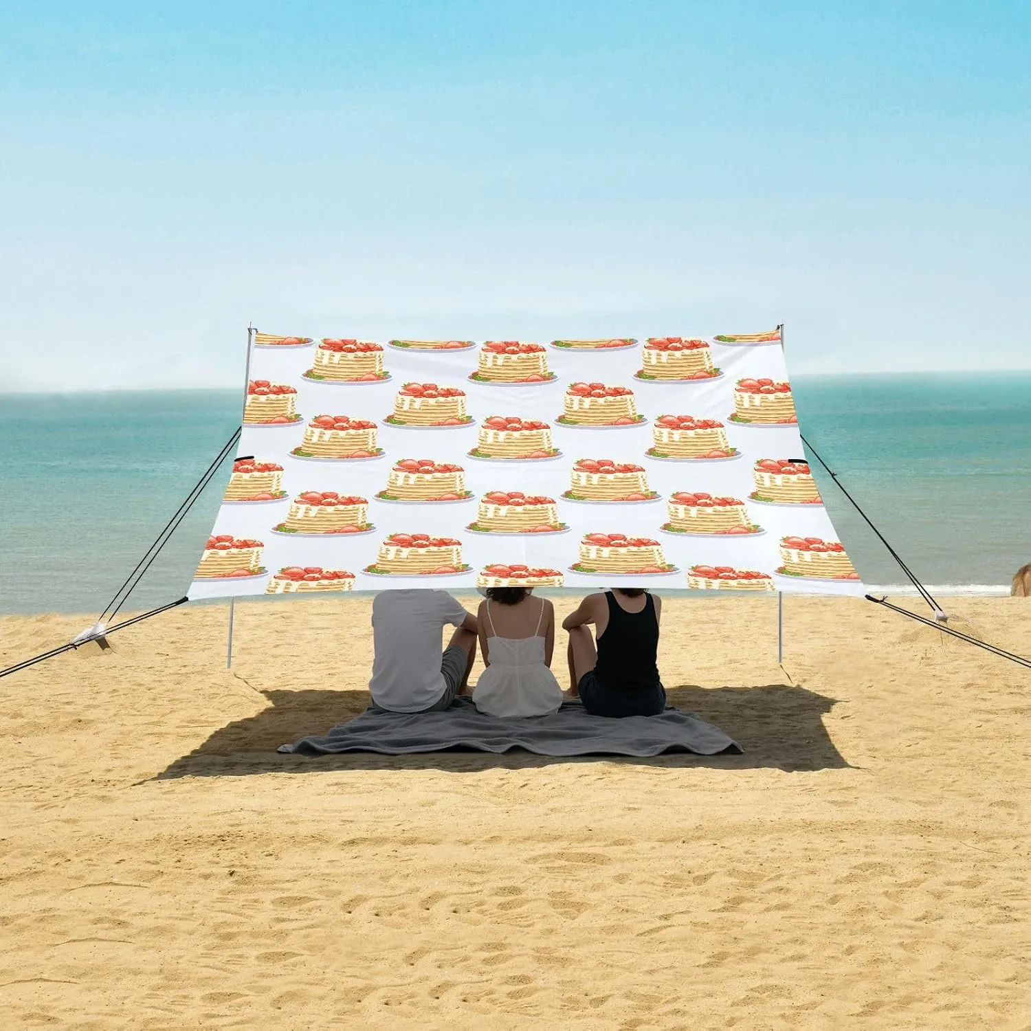 Strawberry Pancake Pattern Beach Canopy Tent Anti-UV & Wind Resistant, Camping Sun Shelter Easy Setup Portable,Outdoor Shade Tents with Sandbags,Sand Shovels,Ground Pegs & Stability Poles