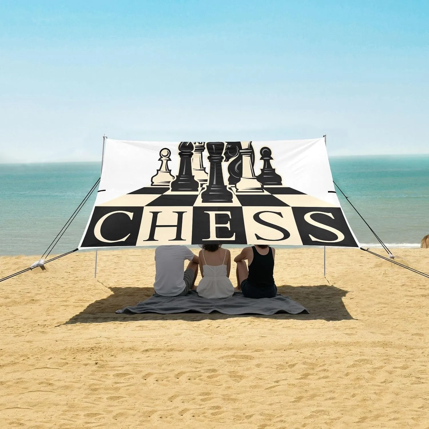 Stylish Chess Pieces Chessboard Beach Camping Tent Sun Shelter for Whole Family, Beach Shade Canopy with UPF50  UV Protection,Easy Set Up and Carry,Outdoor Shade for Trips, Fishing, Backyard Fu