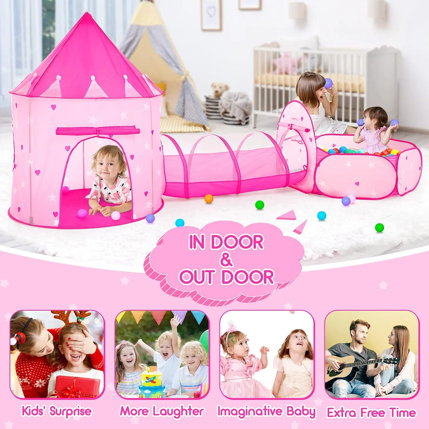 Sumbababy Pop Up Kids Play Tent with Tunnel - Ball Pit for Boys, Girls and Toddlers - 3 in 1 Playhouse Kids Indoor Outdoor Tents Set