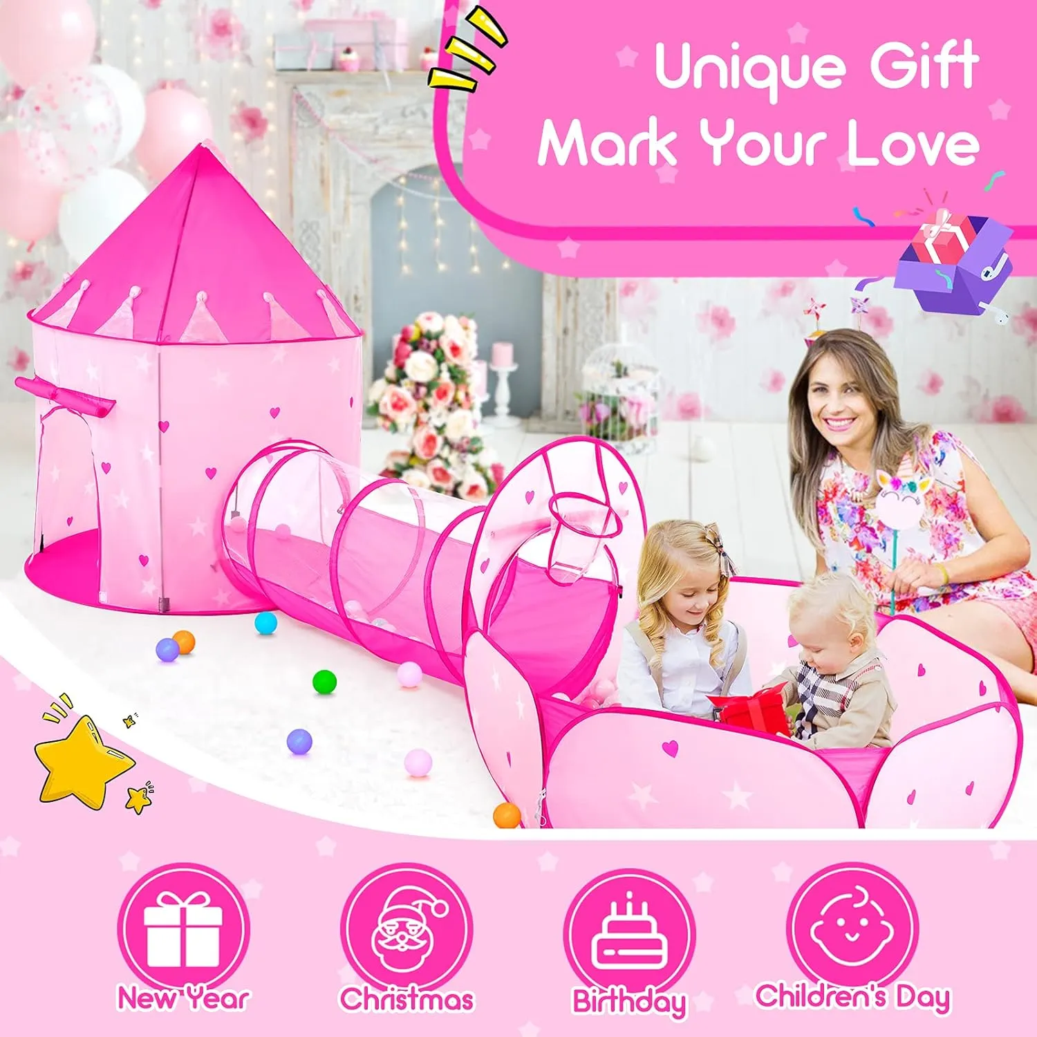 Sumbababy Pop Up Kids Play Tent with Tunnel - Ball Pit for Boys, Girls and Toddlers - 3 in 1 Playhouse Kids Indoor Outdoor Tents Set