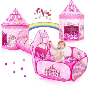 Sumbababy Princess Tent with Tunnel for Girls - 3pc Pop Up Kids Play Tent with Ball Pits for Toddlers - Pink Playhouse Toys Indoor& Outdoor for Birthday Gifts