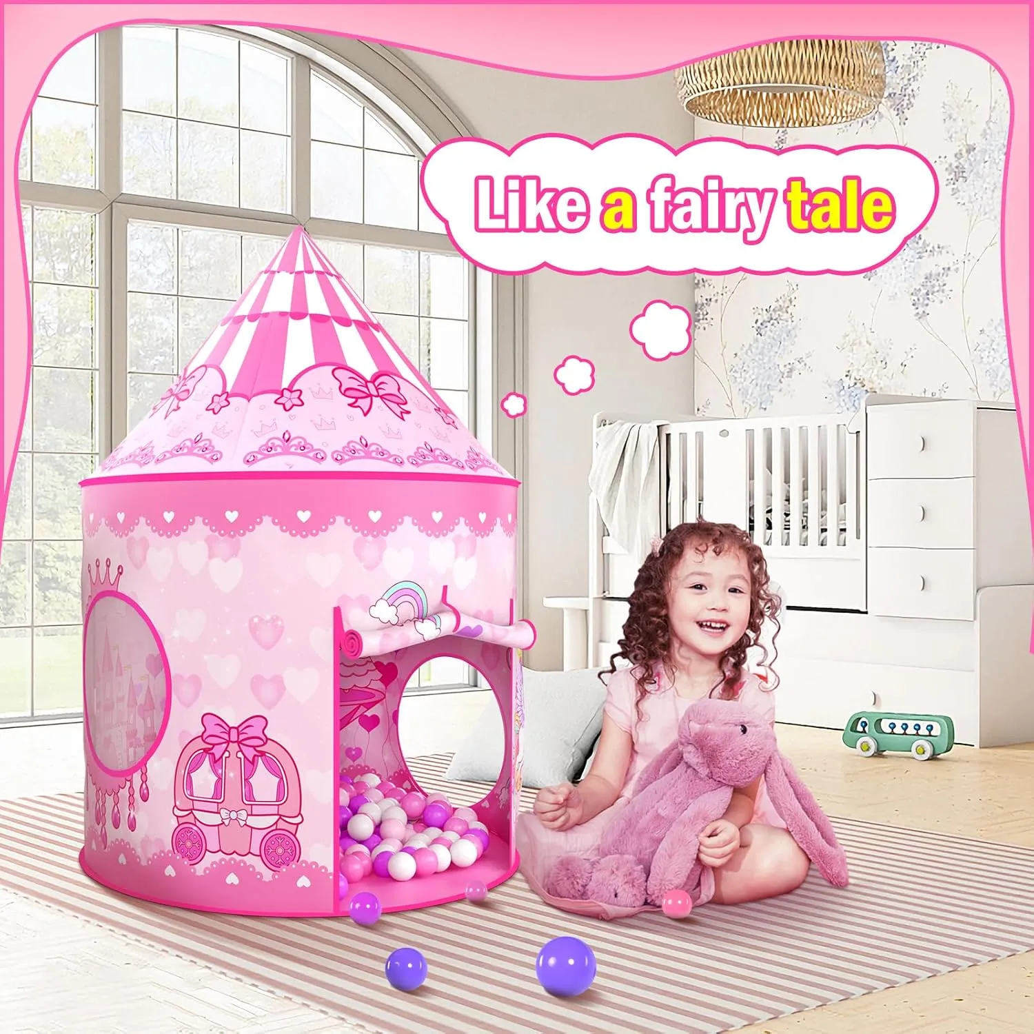 Sumbababy Princess Tent with Tunnel for Girls - 3pc Pop Up Kids Play Tent with Ball Pits for Toddlers - Pink Playhouse Toys Indoor& Outdoor for Birthday Gifts