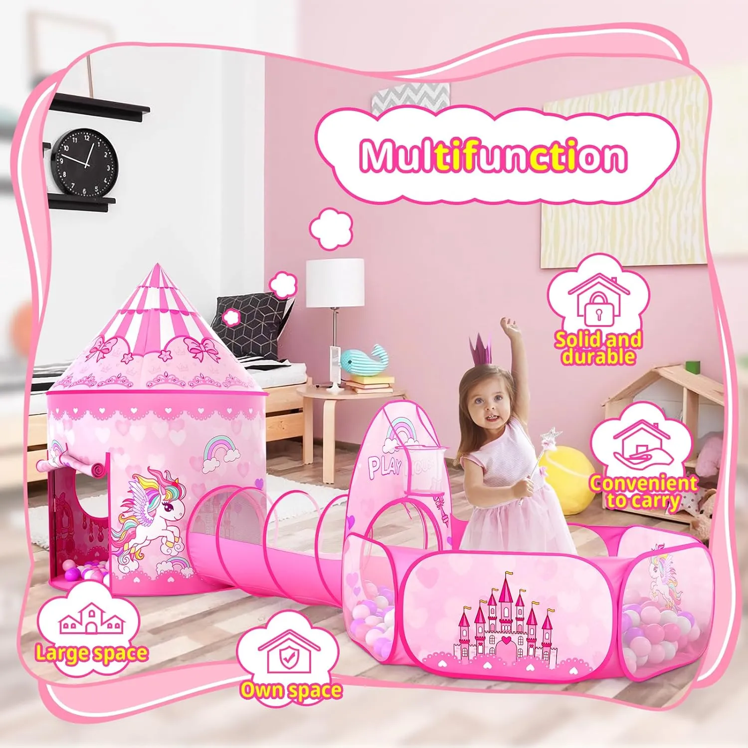 Sumbababy Princess Tent with Tunnel for Girls - 3pc Pop Up Kids Play Tent with Ball Pits for Toddlers - Pink Playhouse Toys Indoor& Outdoor for Birthday Gifts
