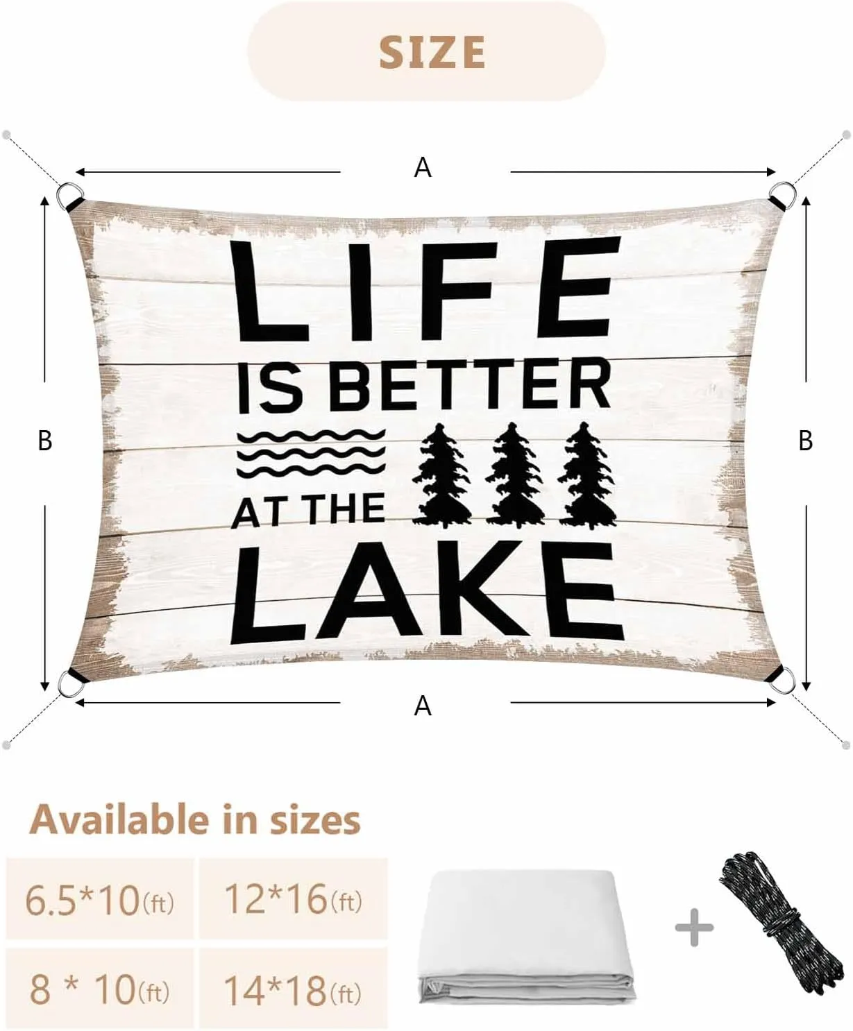 Summer Sun Shade Sail 6’x 10’, Quotes Lake Bushes Vintage Wood Grain Lake Rectangular Sunshade Sail UV Protection, Outdoor Waterproof Sun Shade Canopy for Patio Deck Pool Park
