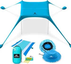 SUN NINJA Beach Shade Canopy Bundle with Beach Blanket and UPF 50  Bucket Hat, Complete Sun Protection, Easy Setup & Portable, Sand-Free Relaxation, Versatile Outdoor Use