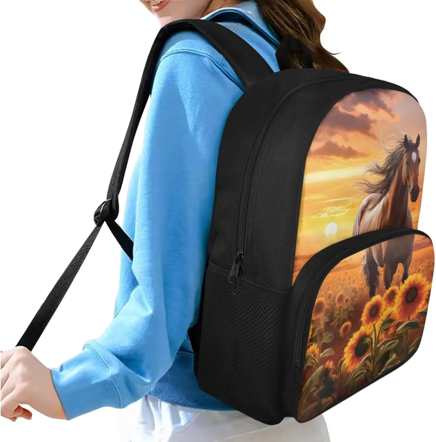 Sunflower Horse Backpack for Girls Kids Backpack with Lunch Box and Soft Pencil Case 3 Pcs Set 15" Lightweight Bookbag with Front Pocket for School Large Capacity Kindergarten School Bag