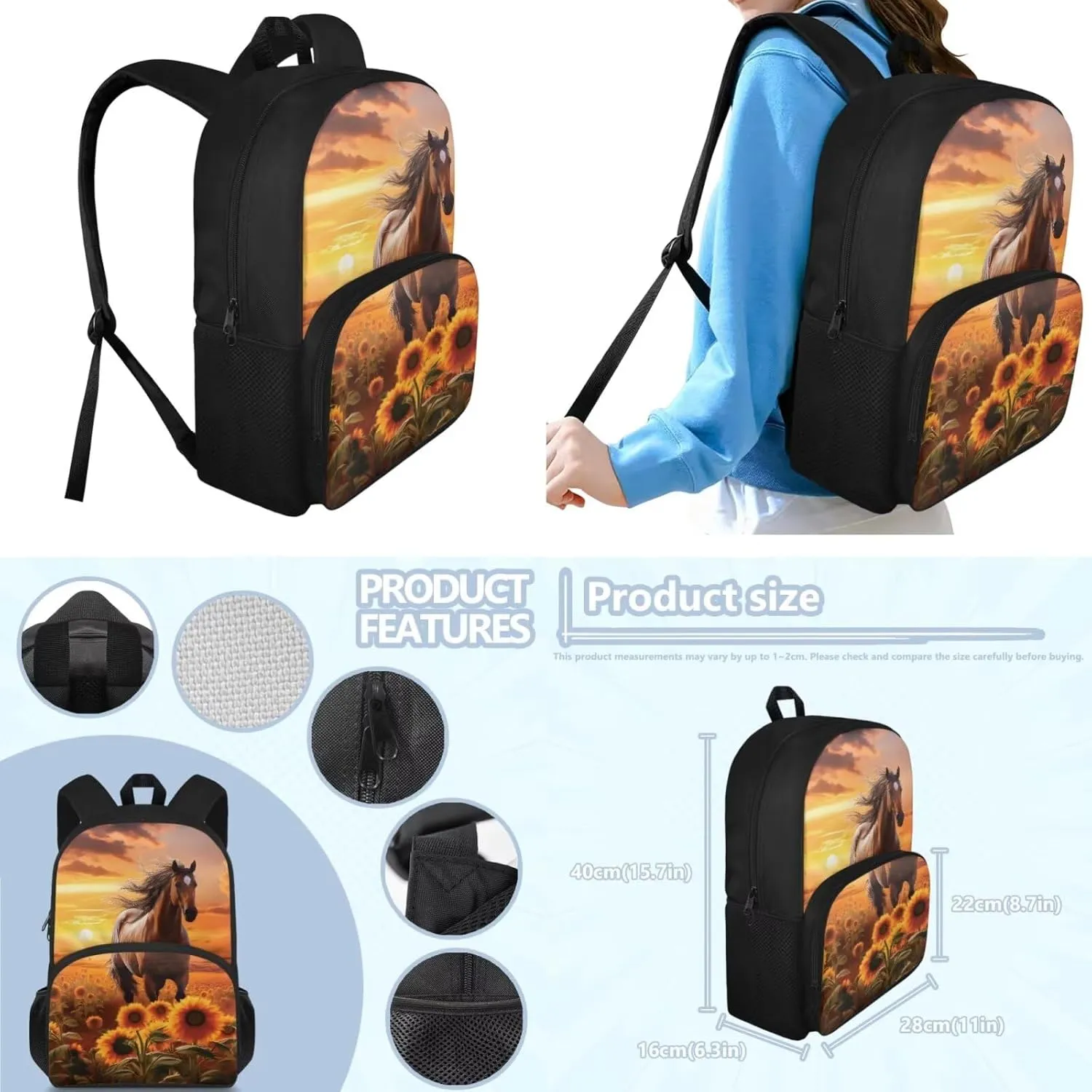Sunflower Horse Backpack for Girls Kids Backpack with Lunch Box and Soft Pencil Case 3 Pcs Set 15" Lightweight Bookbag with Front Pocket for School Large Capacity Kindergarten School Bag