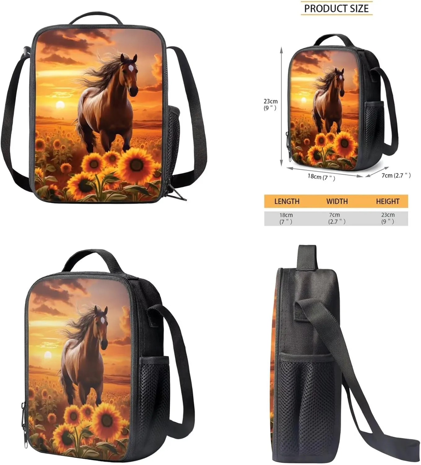Sunflower Horse Backpack for Girls Kids Backpack with Lunch Box and Soft Pencil Case 3 Pcs Set 15" Lightweight Bookbag with Front Pocket for School Large Capacity Kindergarten School Bag