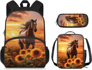 Sunflower Horse Backpack for Girls Kids Backpack with Lunch Box and Soft Pencil Case 3 Pcs Set 15" Lightweight Bookbag with Front Pocket for School Large Capacity Kindergarten School Bag