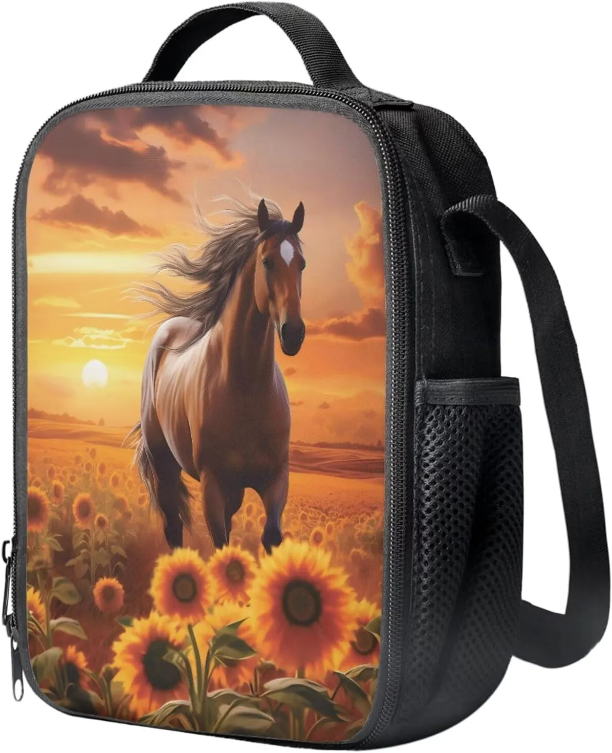 Sunflower Horse Backpack for Girls Kids Backpack with Lunch Box and Soft Pencil Case 3 Pcs Set 15" Lightweight Bookbag with Front Pocket for School Large Capacity Kindergarten School Bag