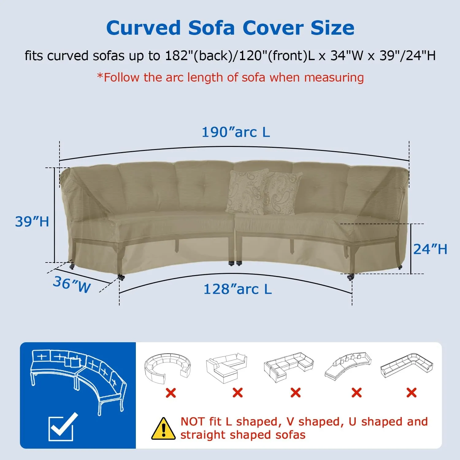 SunPatio Outdoor Curved Sectional Sofa Cover, Heavy Duty Waterproof Patio Couch Cover, All Weather Protection Furniture Protector with Sealed Seam, 190"(back)/128"(front)L x 36"W x 39"/24"H, Taupe