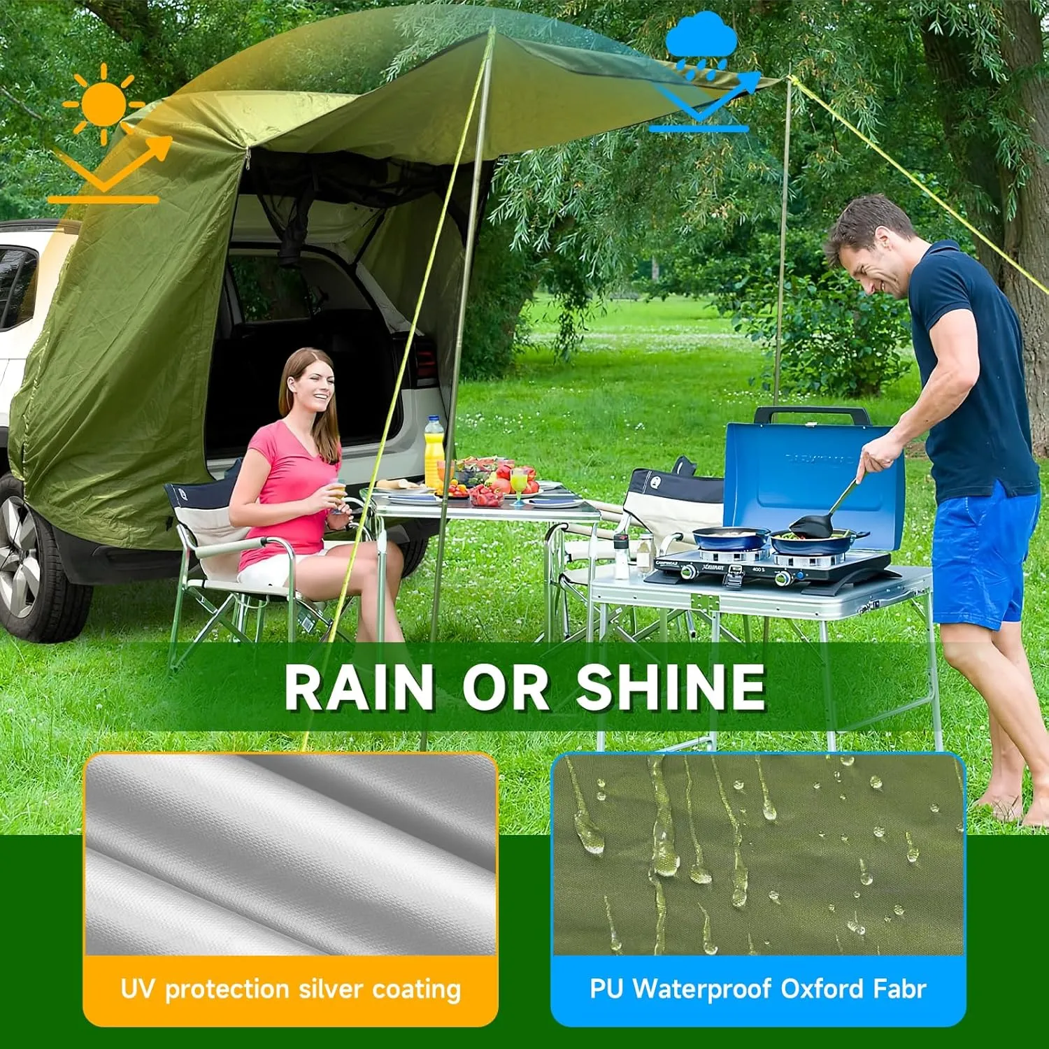 SUV Tailgate Tent,KOMCLUB Car Camping Tent with Awning Shade Waterproof Roof Canopy Green Hatchback Car Tent for Outdoor Travel Preferred,Universal Fit Most SUV,Tarp Poles Tent Stakes Reflective Ropes