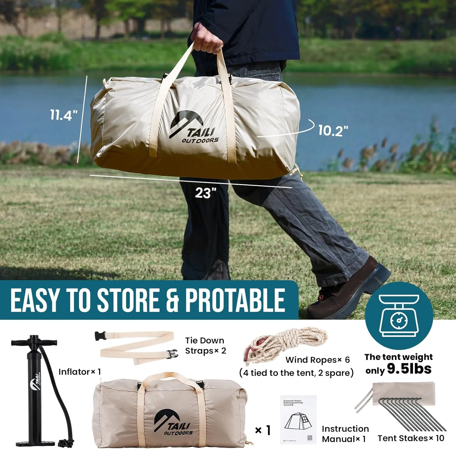 TAILI Inflatable Blow Up Tent for Camping with Hand Pump for 2/4/6/8 Person, Easy Setup Outdoor Inflatable Oxford Waterproof Air Tent House for Family Camping Adult