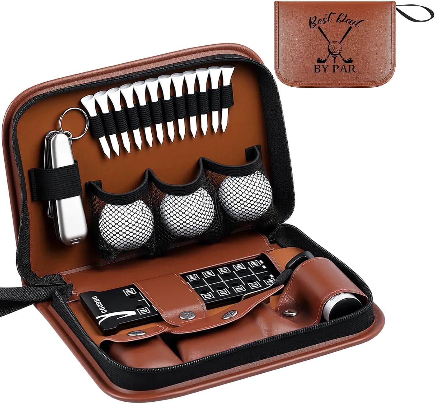 Talltalk Father's Day Golf Gifts for Dad Men Husband Best Dad by Par Themed Golf Accessories Set Kit with Bag Case Rangefinder Tees Brush Multifunctional Divot Knife Scorer Ball Clamp