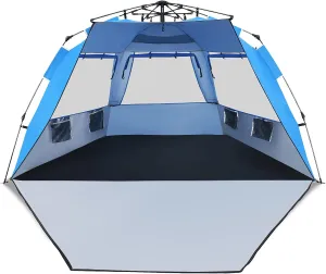 Tangkula 3-4 Person Easy Pop Up Beach Tent, UPF 50  Portable Sun Shelter w/ 3 Ventilation Windows, Zippered Front Porch, 4 Storage Pockets & Carrying Bag, Instant Beach Sun Shade with 8.5mm Rod