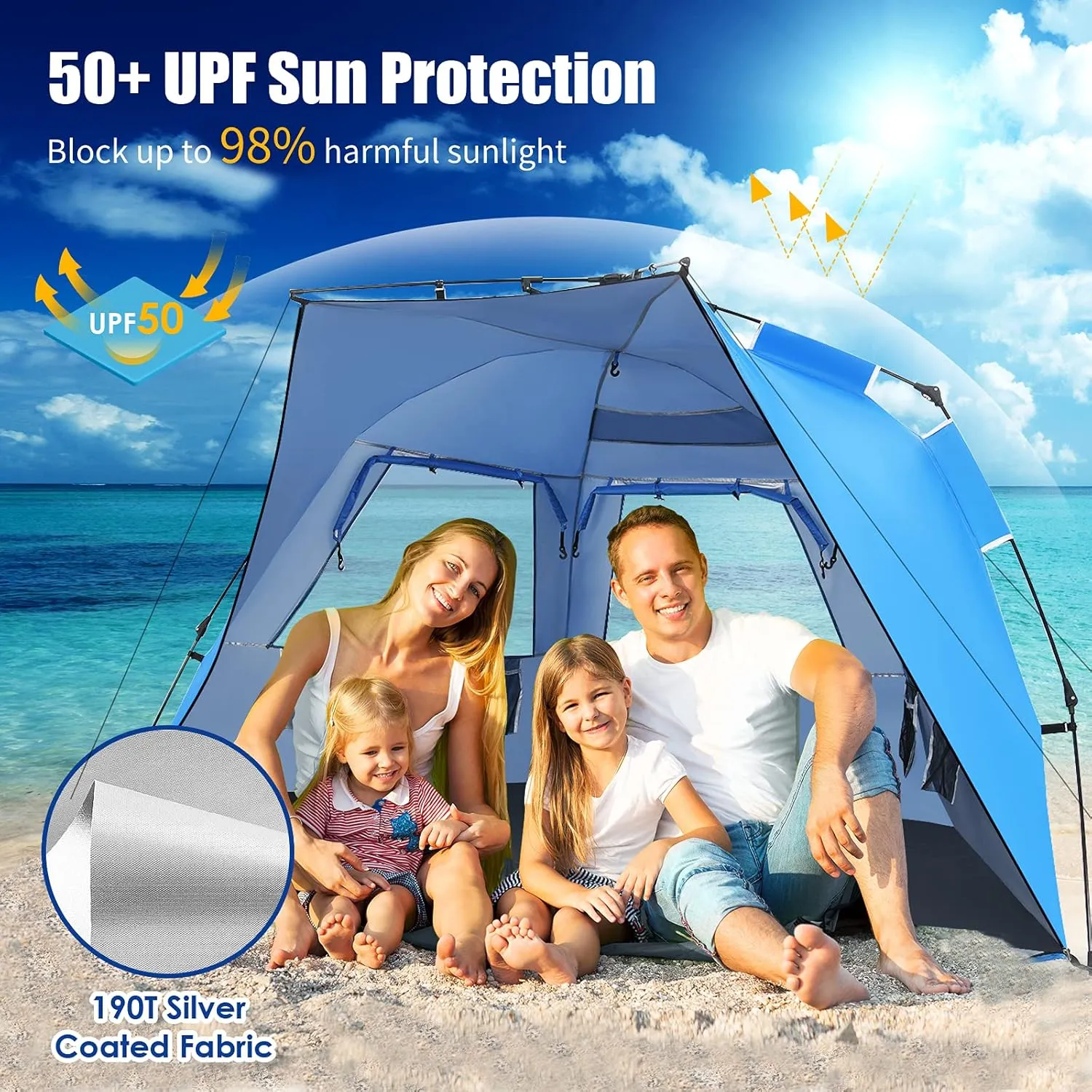 Tangkula 3-4 Person Easy Pop Up Beach Tent, UPF 50  Portable Sun Shelter w/ 3 Ventilation Windows, Zippered Front Porch, 4 Storage Pockets & Carrying Bag, Instant Beach Sun Shade with 8.5mm Rod
