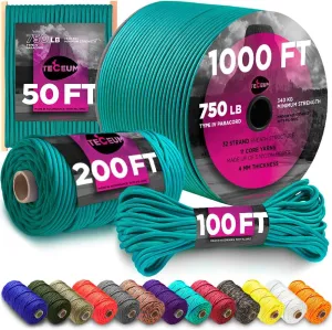 TECEUM Paracord Rope 750 lb – 1000ft / 200ft / 120ft / 100ft / 50ft – String Parachute Cord for Camping, Survival, Outdoor Gear – 35  Colors – Nylon Utility Rope – Tactical Survival & Camping Kit