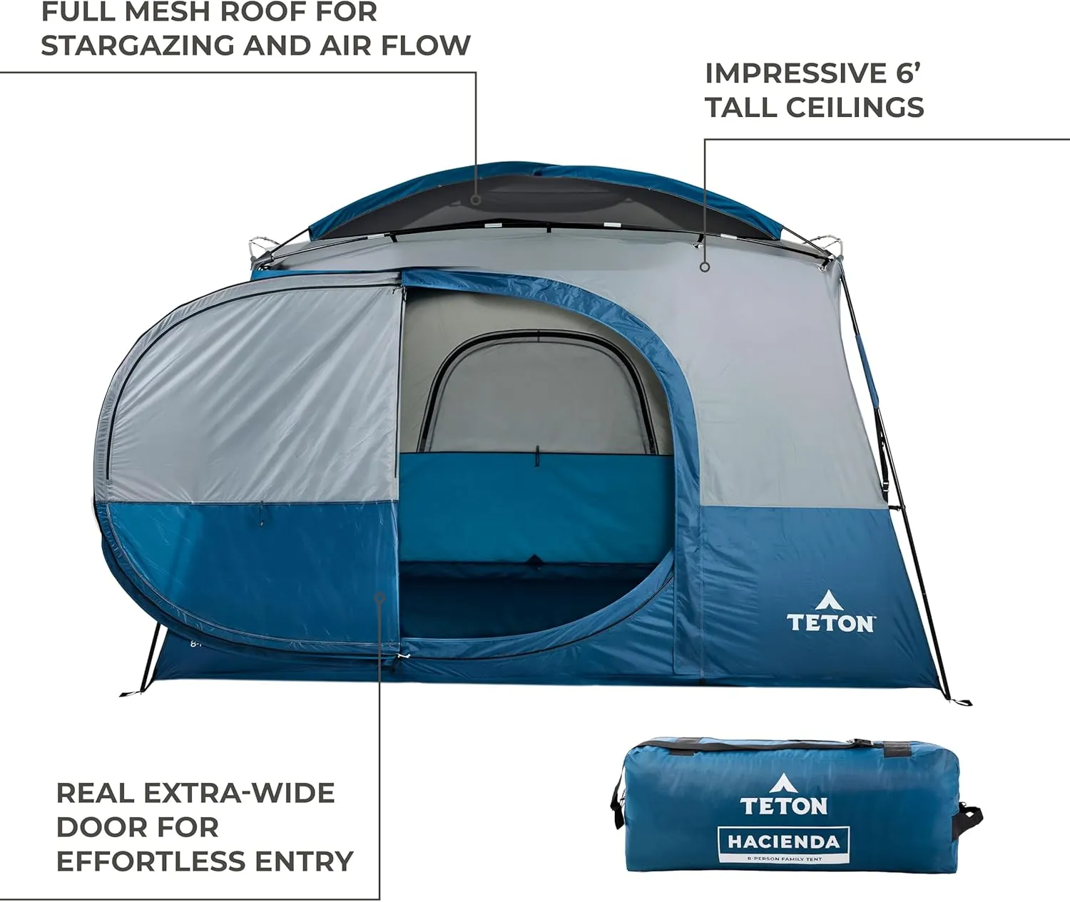 Teton Hacienda 8 Person Family Camping Tent, Large Gear Loft and 4 Storage Pockets, Swinging Door Makes it Easy to Access, Full Mesh Roof, Waterproof Rainfly