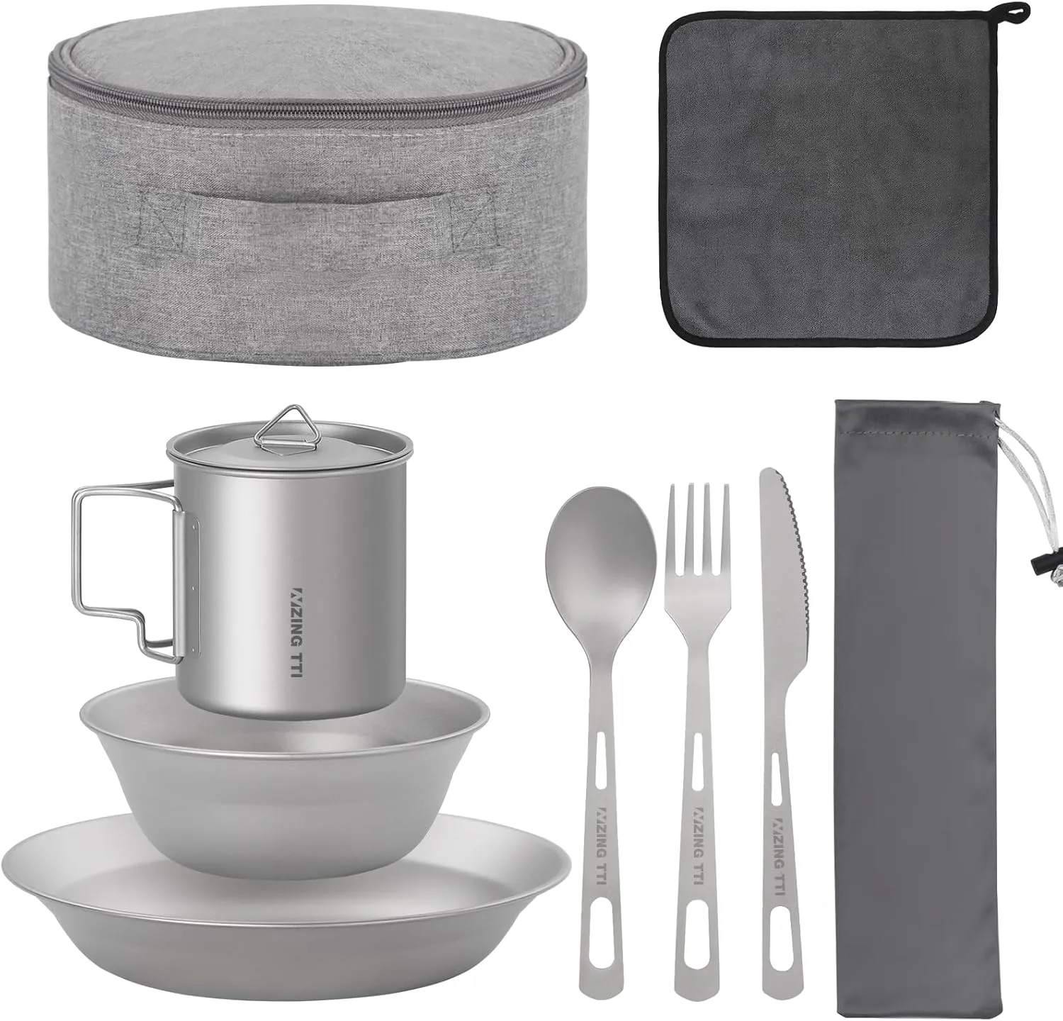 Titanium Dinnerware Set, 8-Piece Camping Dinnerware Kit, Titanium Bowl, Plate, Cup, Fork, Spoon, and Napkin, Includes Storage Bag, for Backpacking, Camping, Hiking, and Picnics